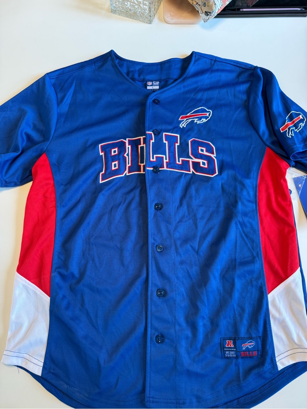 Large Buffalo Bills Football Blue Team Baseball Jersey Shirt NFL